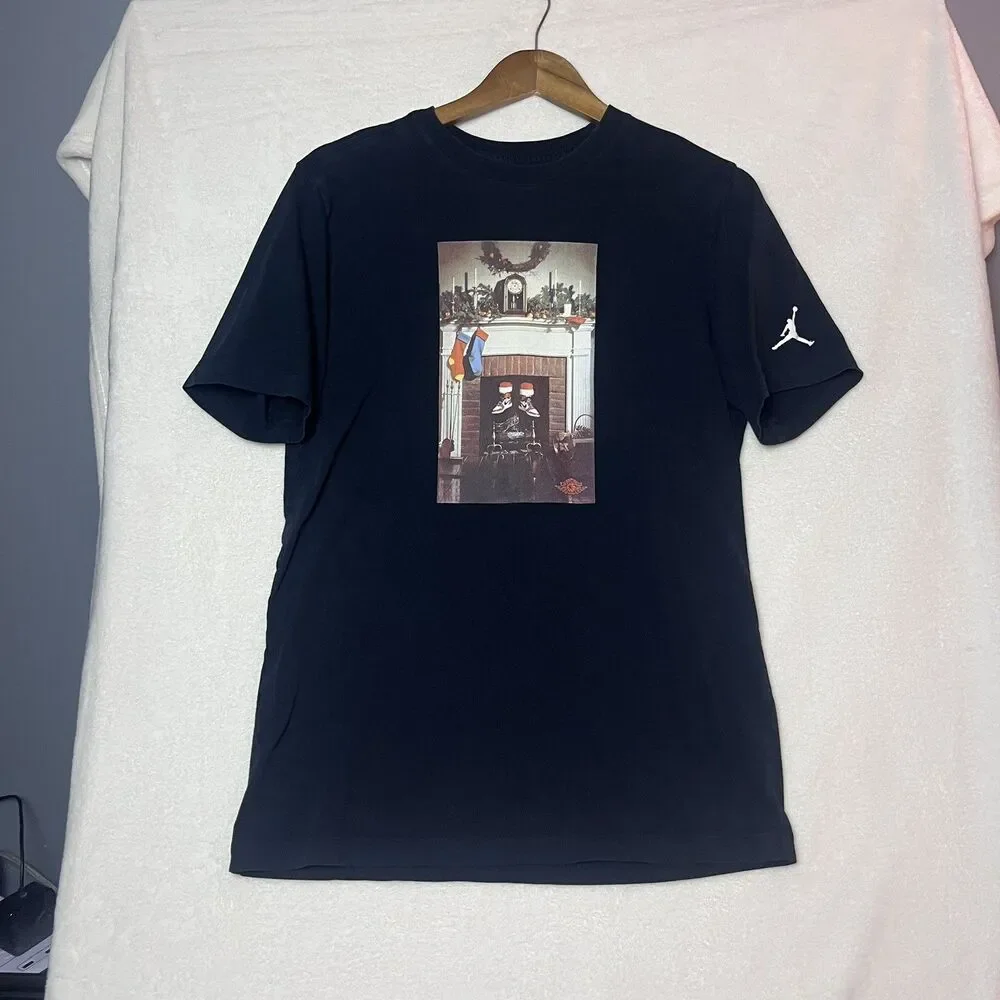 Jordan AJ1 Christmas Fireplace Graphic T Shirt Men S Black Holiday Streetwear